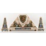 A champleve enamelled mounted marble clock garniture in the Egyptian revival style