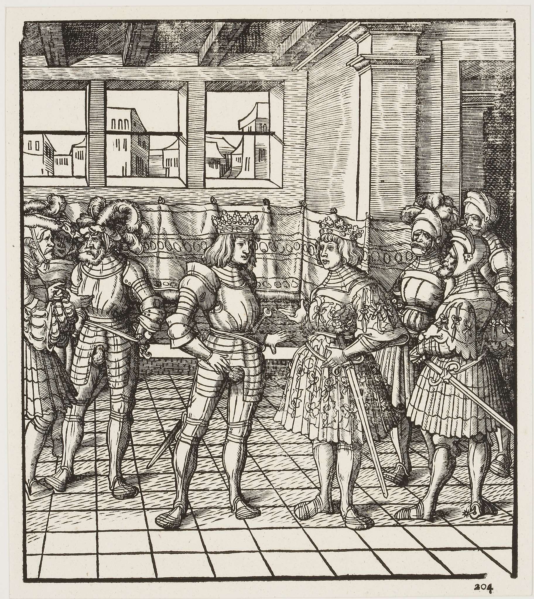 Maximilliam meeting Henry VIII at Tournai, original woodcut form the 'Weisskonig', Pl 204 from the - Image 2 of 7