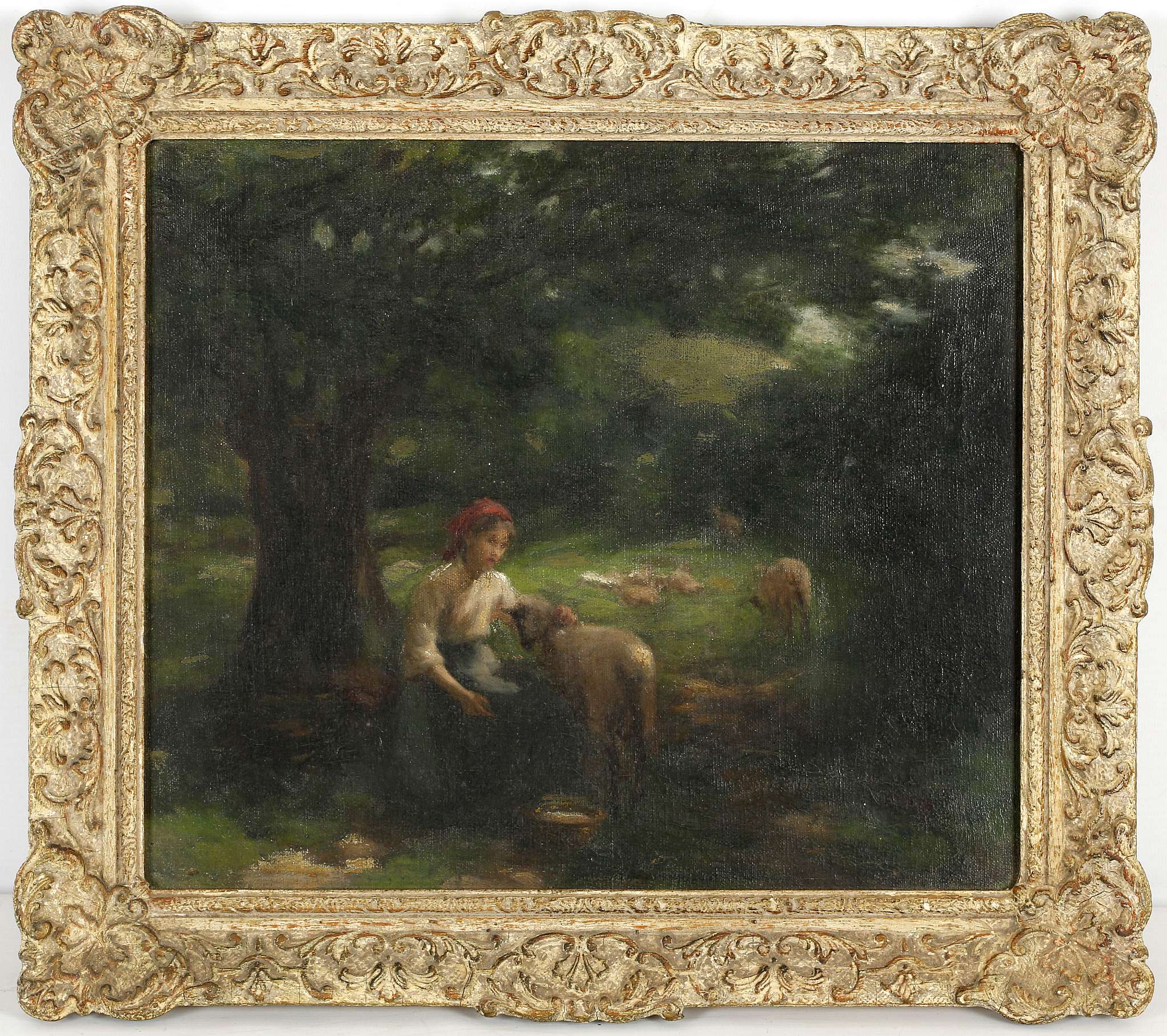 Late 19th Century English School, 'The Shepherdess', oil on canvas, in a good gilt washed frame,