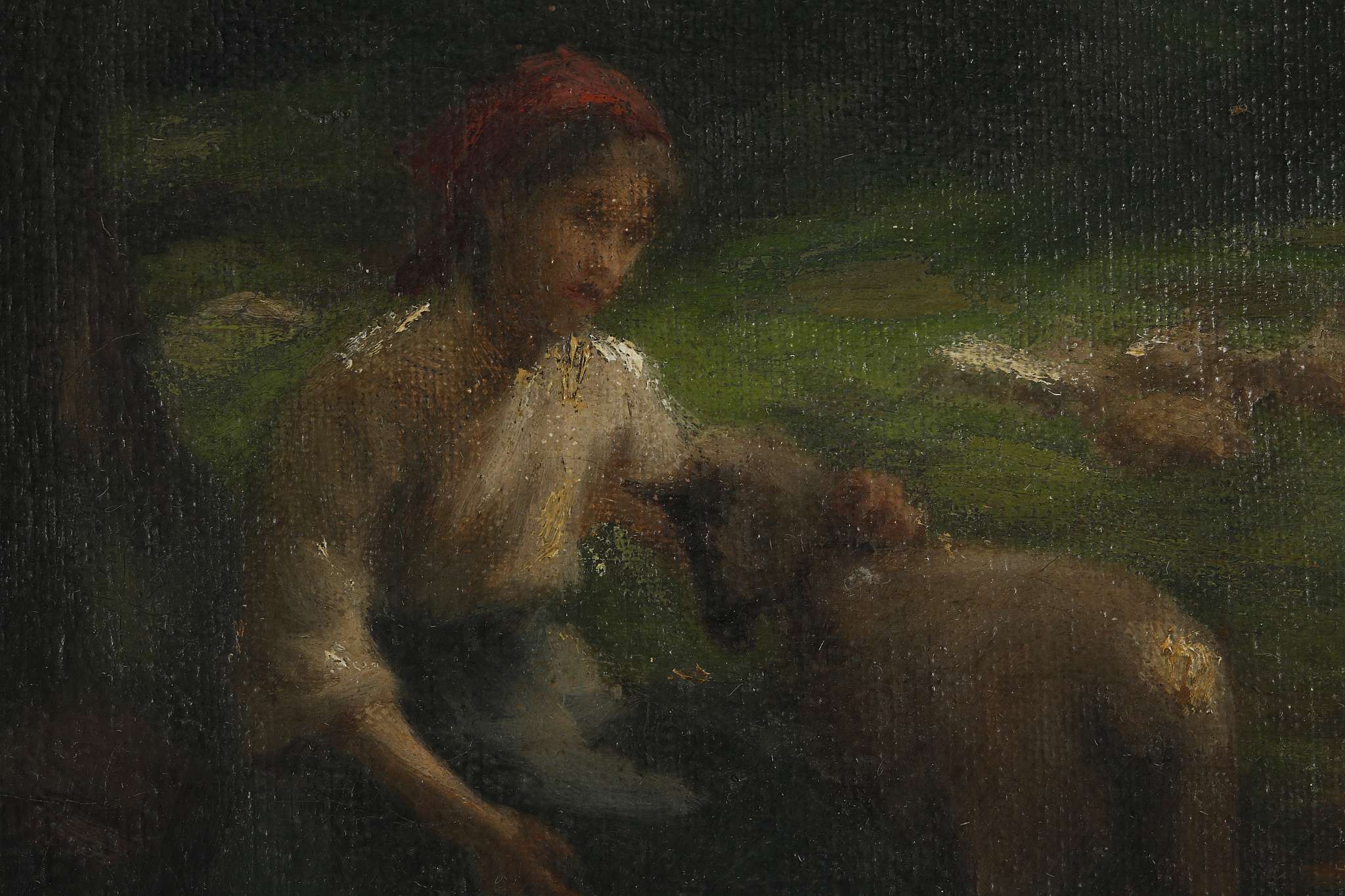 Late 19th Century English School, 'The Shepherdess', oil on canvas, in a good gilt washed frame, - Image 2 of 6