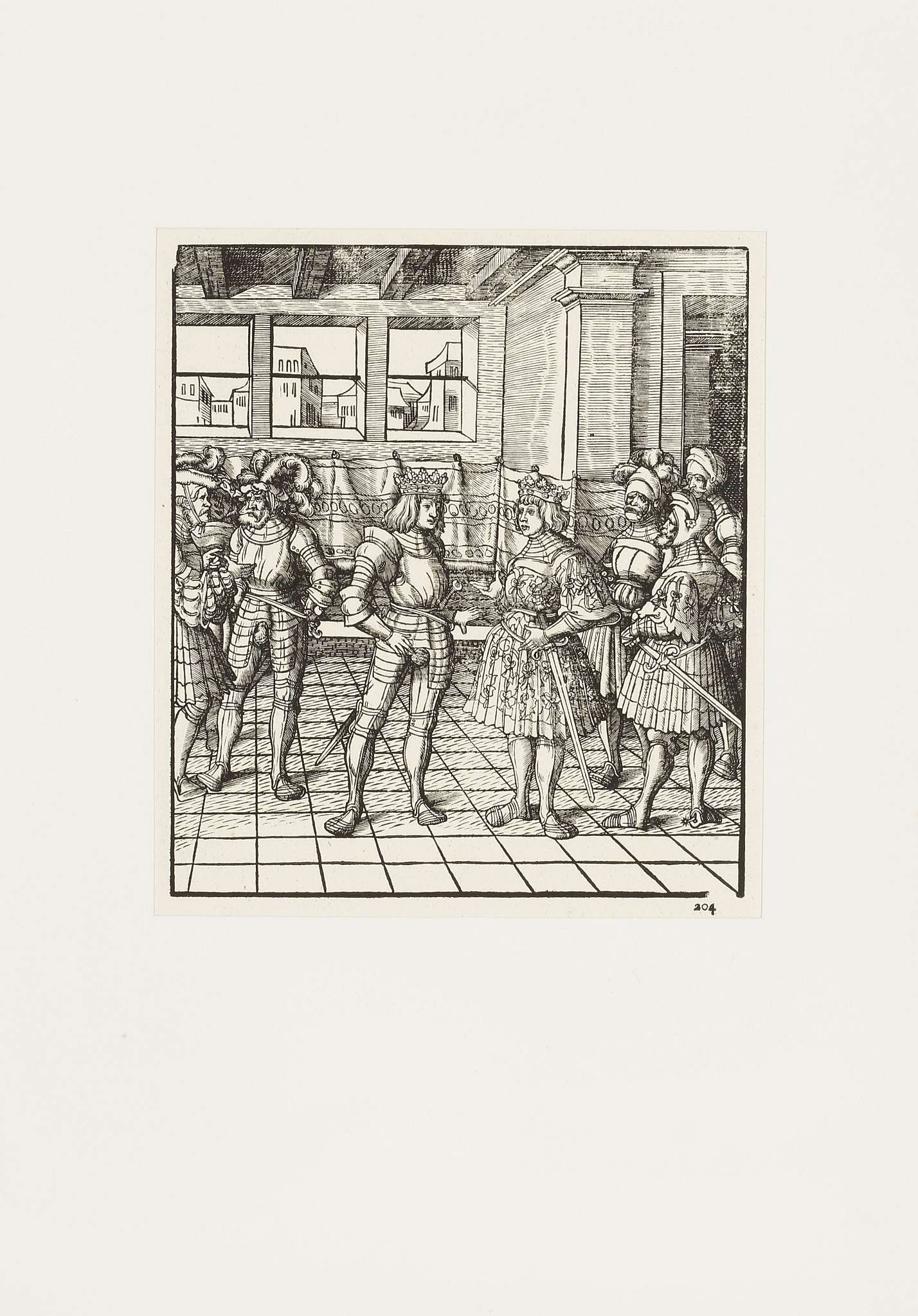 Maximilliam meeting Henry VIII at Tournai, original woodcut form the 'Weisskonig', Pl 204 from the