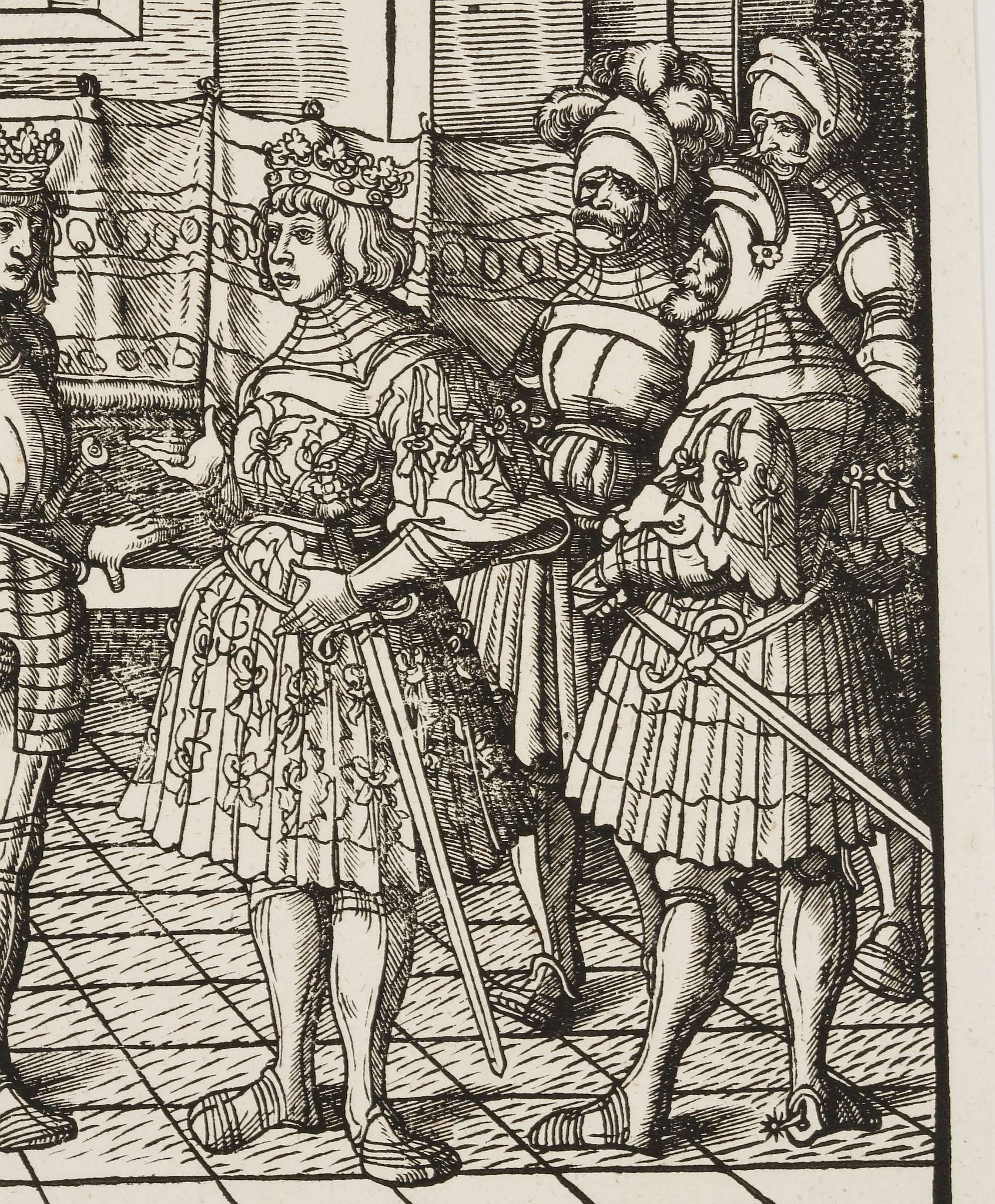 Maximilliam meeting Henry VIII at Tournai, original woodcut form the 'Weisskonig', Pl 204 from the - Image 7 of 7