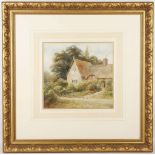 An English School watercolour of a thatched cottage and garden, 30 x 31.5cm, indistinctly signed,