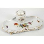 A late 19th Century Meissen style ladies hard paste porcelain inkstand, painted with 'Deutsche