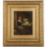 A French, late 19th Century, oil on board, a vegetable market trader, 26 x 30cm, in a gilt frame