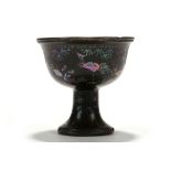 A MOTHER-OF-PEARL INLAID BLACK LACQUER STEM CUP. Early Qing, 17th Century. The exterior with