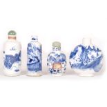 A COLLECTION OF BLUE AND WHITE SNUFF BOTTLE. Qing Dyansty. Two decorated with Buddhist lion dogs
