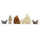 A JAPANESE NETSUKE TOGETHER WITH TWO SILVER CASH, A JADE AND A SMALL POTTERY FIGURE. (5)  日本根付及银锭两件