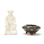 A DEHUA MODEL OF SU WUKONG TOGETHER WITH A CHINESE CLOISONNÉ CENSER. Late Qing, 19th Century. The