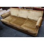 A  gilt / brown draylon sofa, roll arms, 205cm wide approx. (cushions arriving weds)
