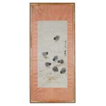 A CHINESE INK PAINTING OF SEVEN CHICKS. Framed and