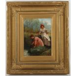 J. McColvin, an oils on canvas 'Girls at the River', signed, 29 x 21cm, in a gilt frame