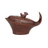 A GU XIUFANG FISH FORM YIXING TEAPOT AND COVER. Late 20th Century. The open mouth forming the spout,