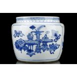A CHINESE BLUE AND WHITE “BAGU” JARDINERE. Kangxi. Attractively painted with two panels each