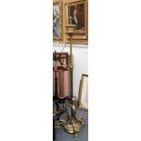 A late Victorian adjustable lamp, gilded brass leaf decoration, reeded column scroll supports,