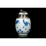 A CHINESE BLUE AND WHITE BOYS TEA CADDY AND COVER WITH DUTCH SILVER MOUNT. Qing, Kangxi. Of tall