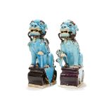 A PAIR OF TURQUOISE GLAZED BUDDHIST LION DOGS. Qing. Covered in a turquoise and aubergine glaze,