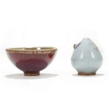 A CHINESE JUN GLAZED WATER DROPPER TOGETHER WITH A SMALL BOWL. Song Dynasty, and later. The water