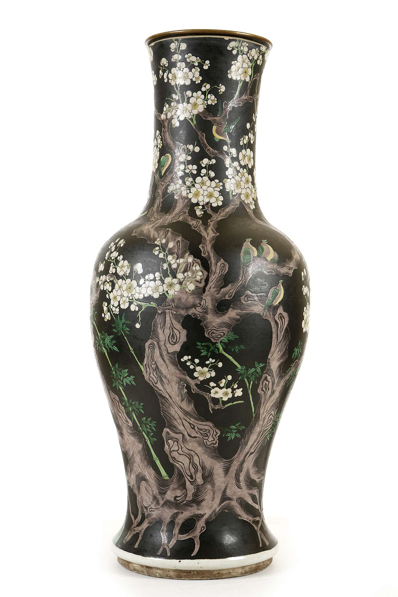 A LARGE CHINESE FAMILLE NOIRE VASE. Late Qing, 19th Century. Painted with a gnarled flowering plum