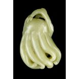 A CHINESE YELLOW JADE CARVING OF A FINGER CITRON. Late Qing. Carved and pierced to depict a the