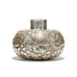 A CHINESE SILVER WANG HING TEA CADDY AND COVER. Late 19th Century. Of compressed globular form, with