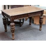 A Victorian oak writing table, carved in Abbots old style, with two frieze drawers on turned legs