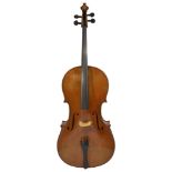 A good 19th Century German cello, with rosewood pegs, F holes and fine tuning to two strings, sold