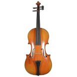 A 1950's German violin with one piece back, ebony pegs and tail piece with E string tuner, length of