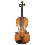 An Emanuel Huller Grastlitz mid 19th Century violin with a scroll to the peg box, two piece back and
