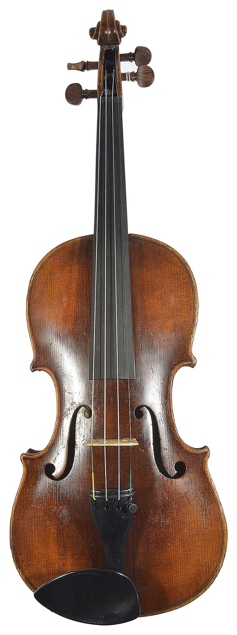 A German violin c.1910, (Karl ad Fritsche, Zitau), with E string, fine tuner on ebony tail piece and