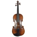 A German violin c.1910, (Karl ad Fritsche, Zitau), with E string, fine tuner on ebony tail piece and