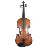 An early 19th Century English violin with carved scroll to the peg box, and E string tuning to the