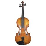 A Stephen Saunders violin, c.1890, with two piece back and impressed mark, carved scroll to the