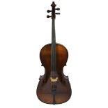 An 1850 Bohemian cello with paper scroll above the peg box with rosewood pegs, 'F' sound holes, with