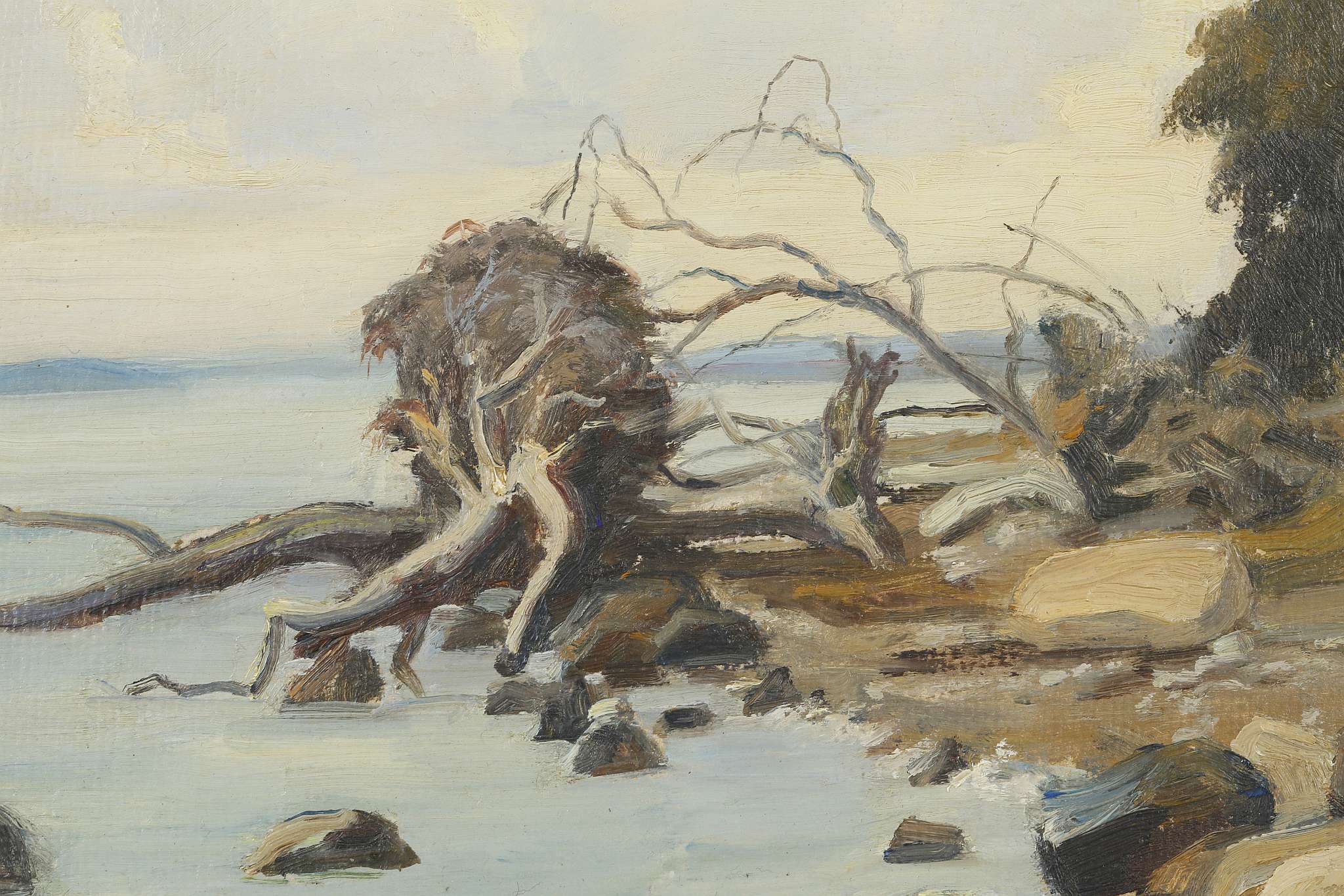 Aage Jacobsen, 20th Century Danish, 'Fallen Tree on the Shoreline', oil on board, signed lower - Image 3 of 6