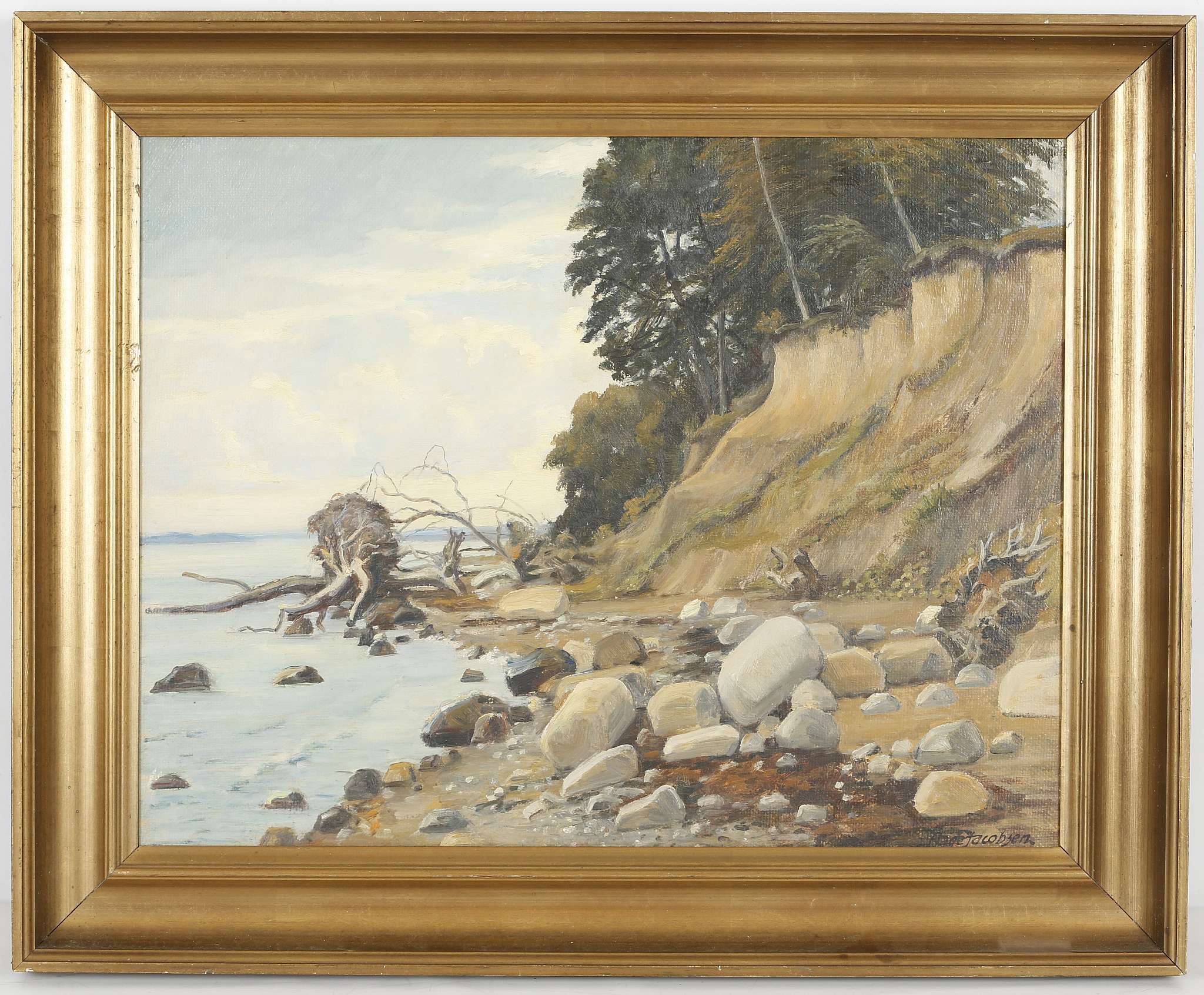 Aage Jacobsen, 20th Century Danish, 'Fallen Tree on the Shoreline', oil on board, signed lower