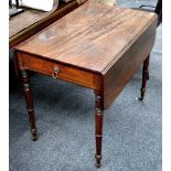 A mid 19th Century Pembroke table, mahogany, single and faux drawer, ring turned legs, brass