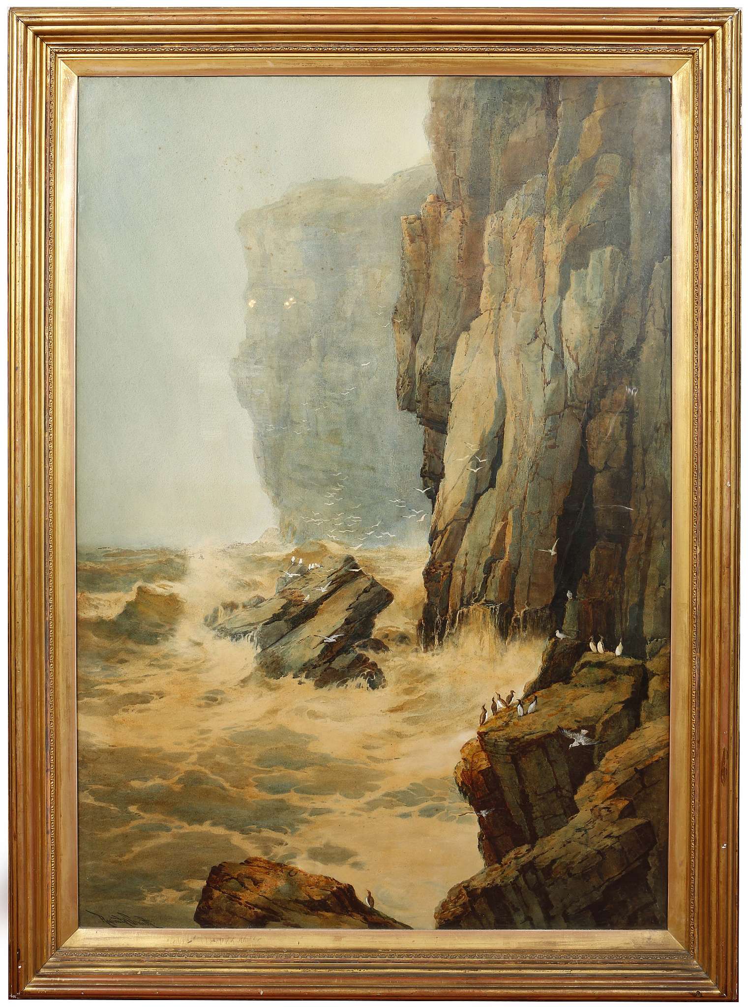 Reginald Smith 1855-1925, 'Sea Cliffs', a large marine watercolour showing crashing waves and bird