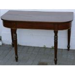 A regency hall table, mahogany, boxwood trim, 'D' shape, turned legs, 109.5cm wide