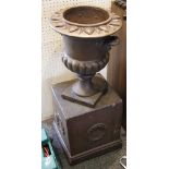 A stoneware ceramic garden urn on pedestal, A/F