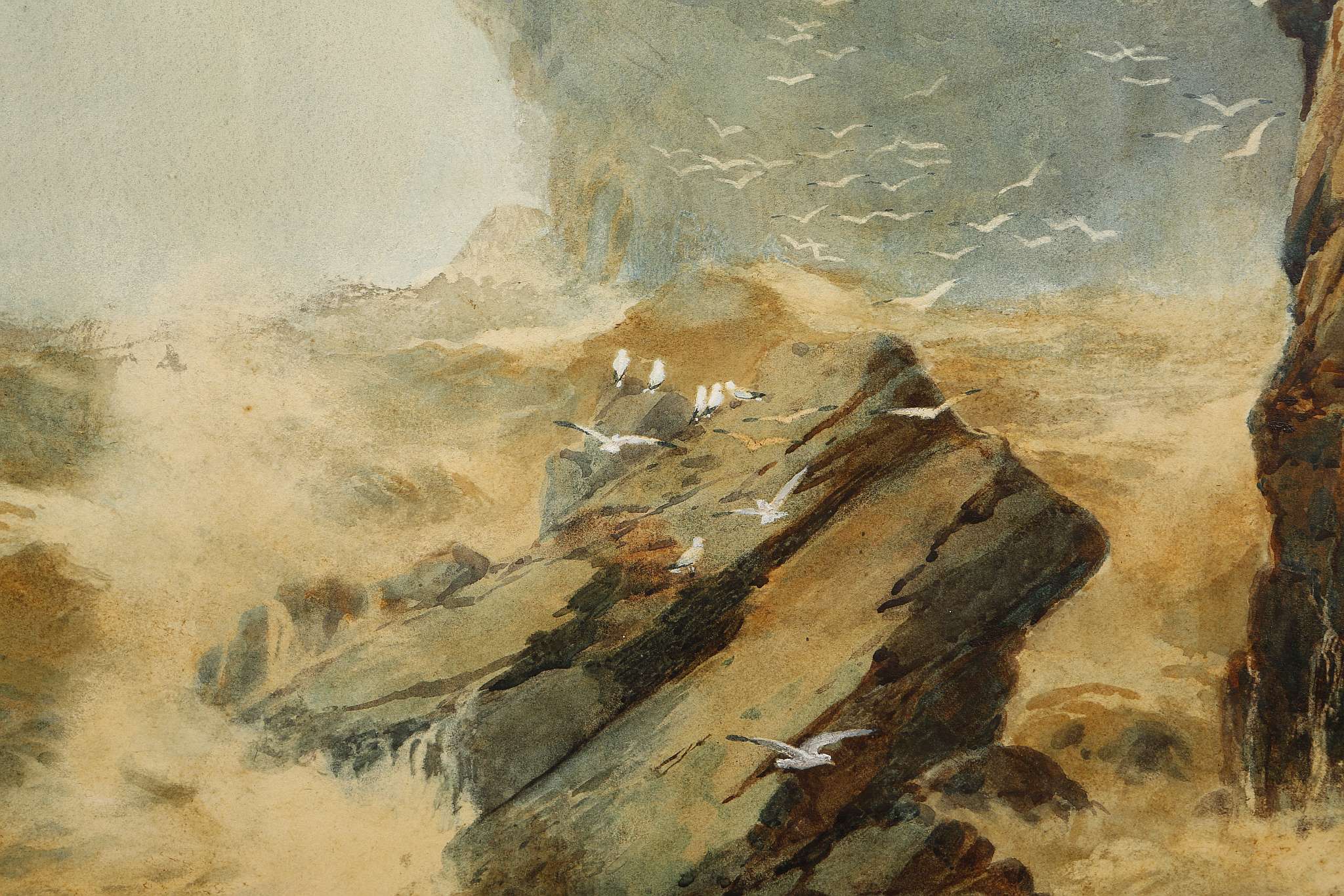 Reginald Smith 1855-1925, 'Sea Cliffs', a large marine watercolour showing crashing waves and bird - Image 2 of 7