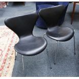 ARNE JACOBSEN FOR FRITZ HANSEN, a set of six Series 7 chairs in black leather, maker's marks