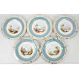 A SET OF FIVE CHARLES FORD DESSERT PLATES, circa 1890, each painted with topographical river and