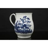 A WORCESTER BALUSTER MUG, circa 1770, printed in blue with the 'Plantation' pattern (12cm high) (