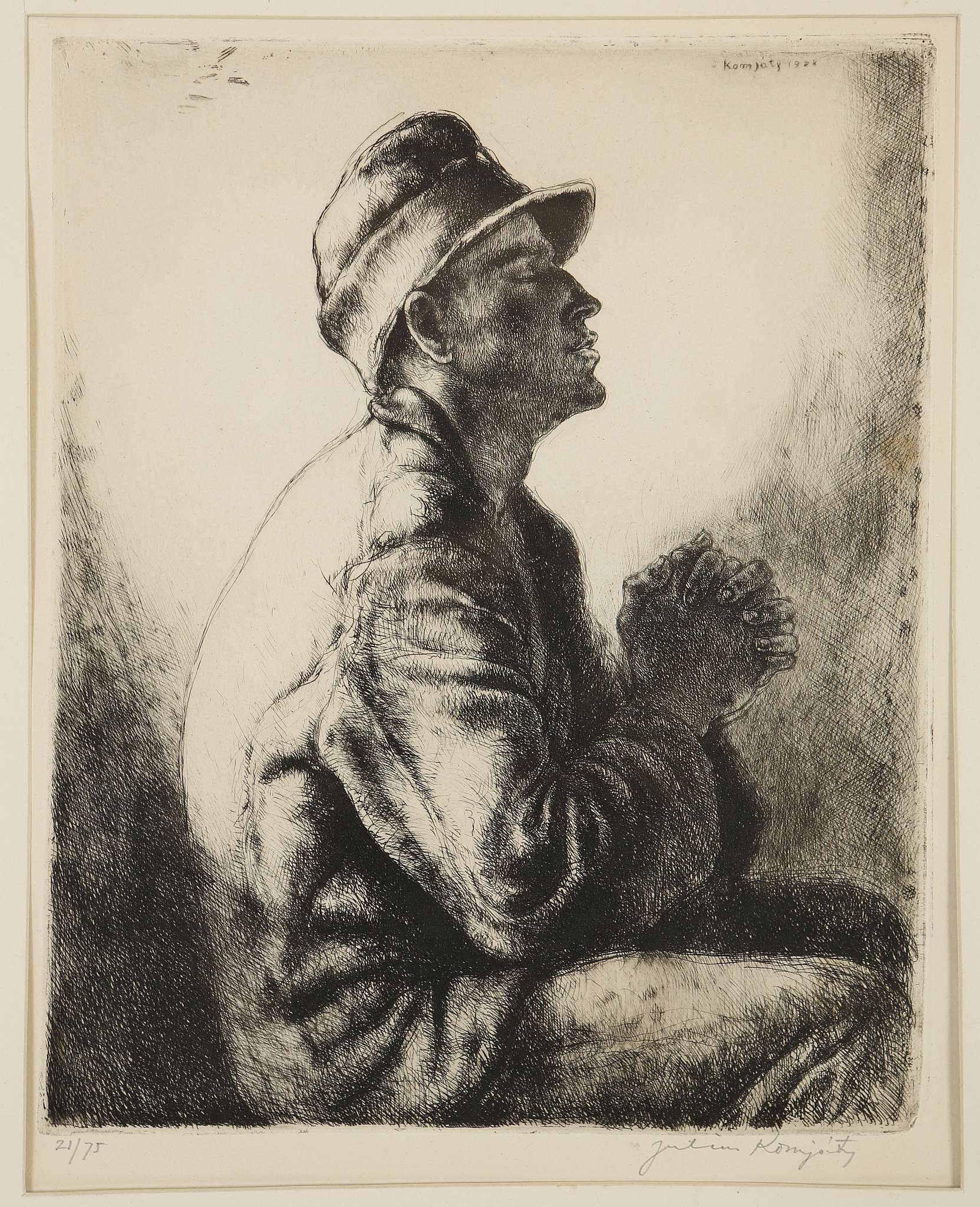 Julius Komjaty 1894-1958, 'Prayer', a limited edition etching, 1928, No. 21 of 75, plate size: 25. - Image 6 of 7