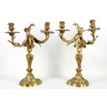 A pair of 19th Century bronze rococo style twin branch candelabra, 40.5cm high (2)