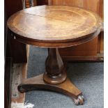 A Victorian rosewood and marquetry inlaid circular snap top centre table on a platform support, 76cm