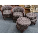 A pair of mahogany framed tub armchairs, with later damask upholstery, together with matching foot