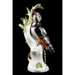 A MEISSEN MODEL OF A GREATER SPOTTED WOODPECKER, early 20th century, modelled perched on an oak tree