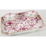 A MEISSEN INKSTAND, 19th century, painted with Indian Pink decoration highlighted in gold, gilt-line